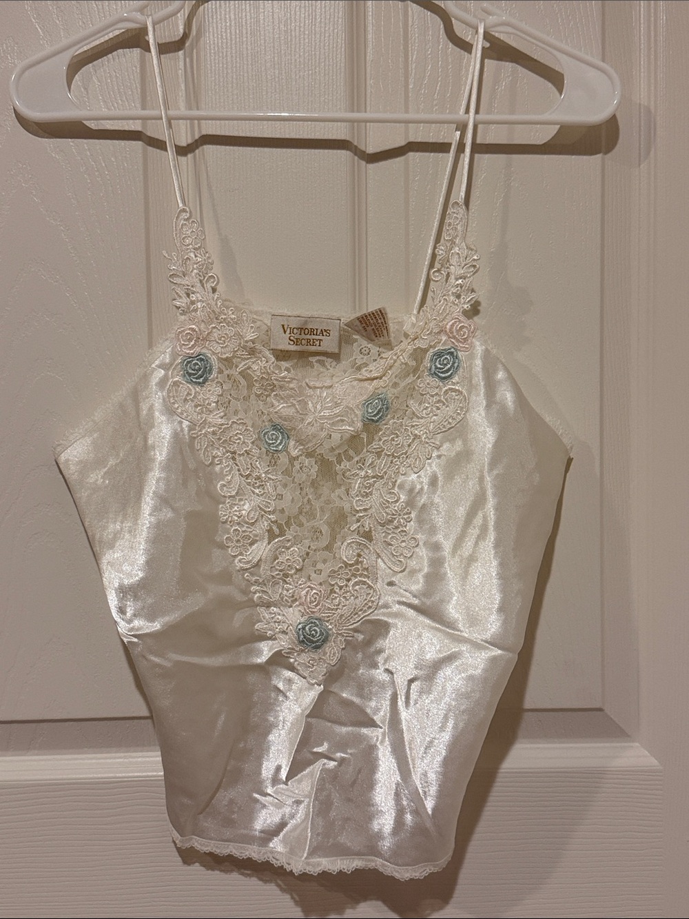 Victoria's Secret Ivory Satin Lace Cami with Pastel Pink & Blue Rosettes